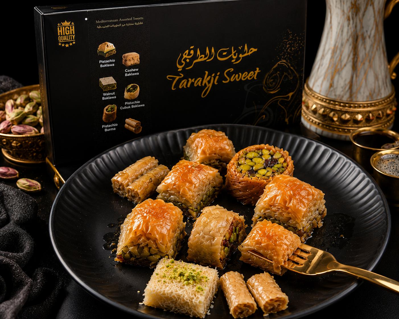 Tarakji Sweet Mediterranean assorted baklava box with pistachio, cashew, and walnut varieties